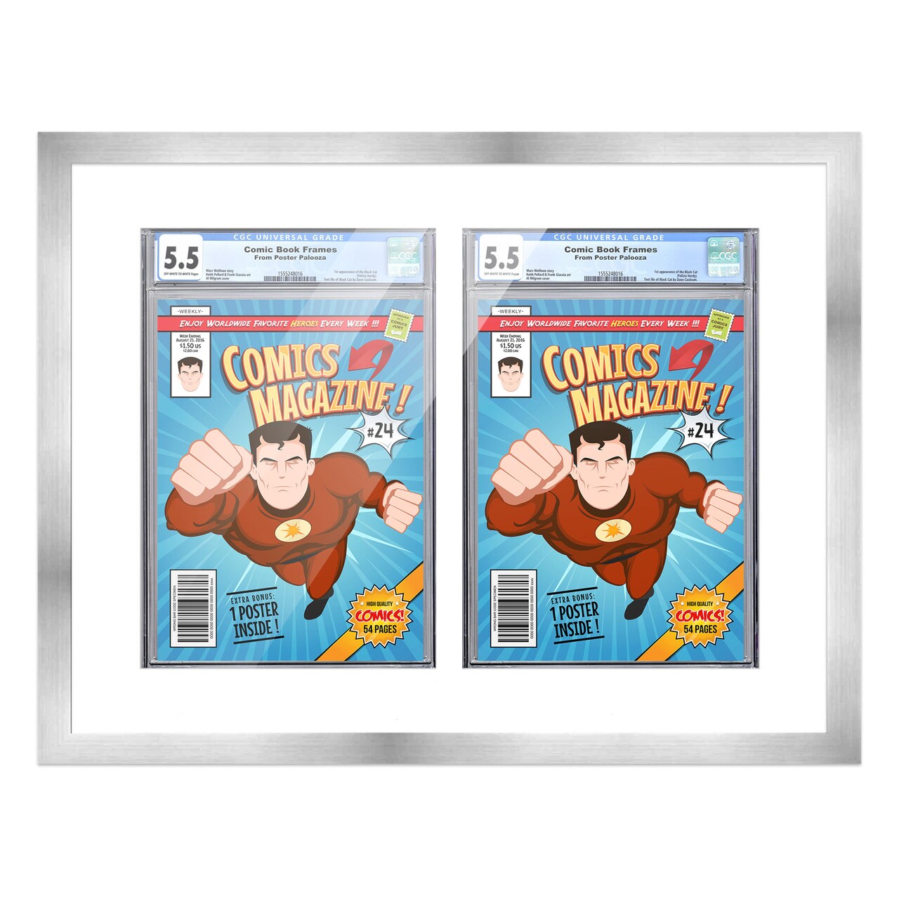 Comic Book Display Frame for CGC, PGX Graded, Slabed Comics - Silver Wood Comic Frame With White Mat for 8.125x13 Comics, 18 Frame Sizes